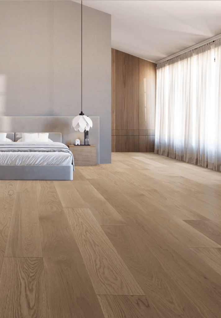 Impart distinct poise to your interior with White Oak Iris Smooth, a light creamy beige shade with gentle gray undertones, reminiscent of iris petals. Regal in character, like the fleur-de-lys of French royalty, this tone complements wool tectures and fur accents, lending spaces a refined yet relaxing atmosphere.
